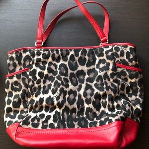 Leopard Coach canvas handbag with red leather trim